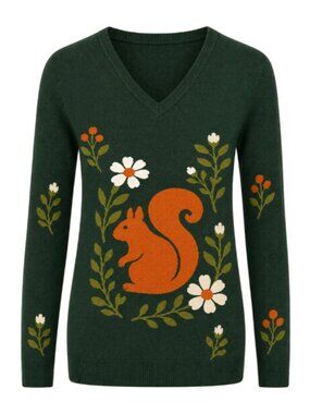 OXKNIT Womens 60s Retro Squirrel Floral Jacquard V Neck Sweater Dark Green XL
